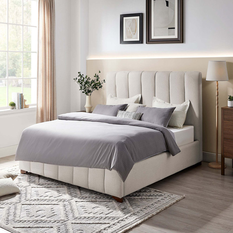 Base de lit plateforme moderne tapissier avec tête de lit, Simple, Blanc