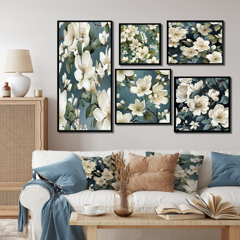 Shelva - ensemble d'art mural en toile florale sur 5, Cadre flottant noir