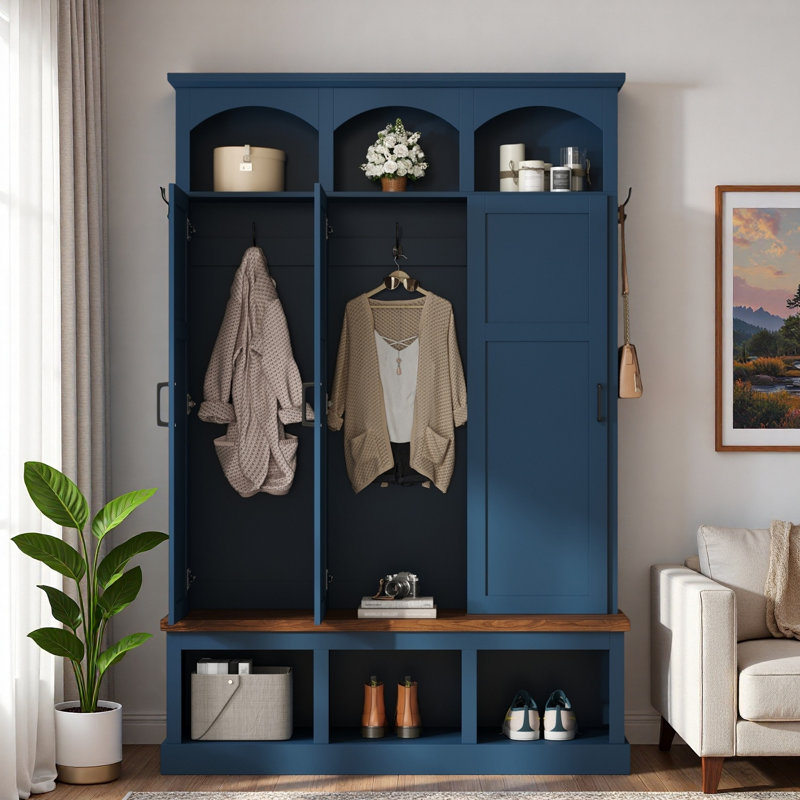 Arbre d'entrée de style campagnard avec 3 rangements cachés, 5 crochets et un banc, Blue