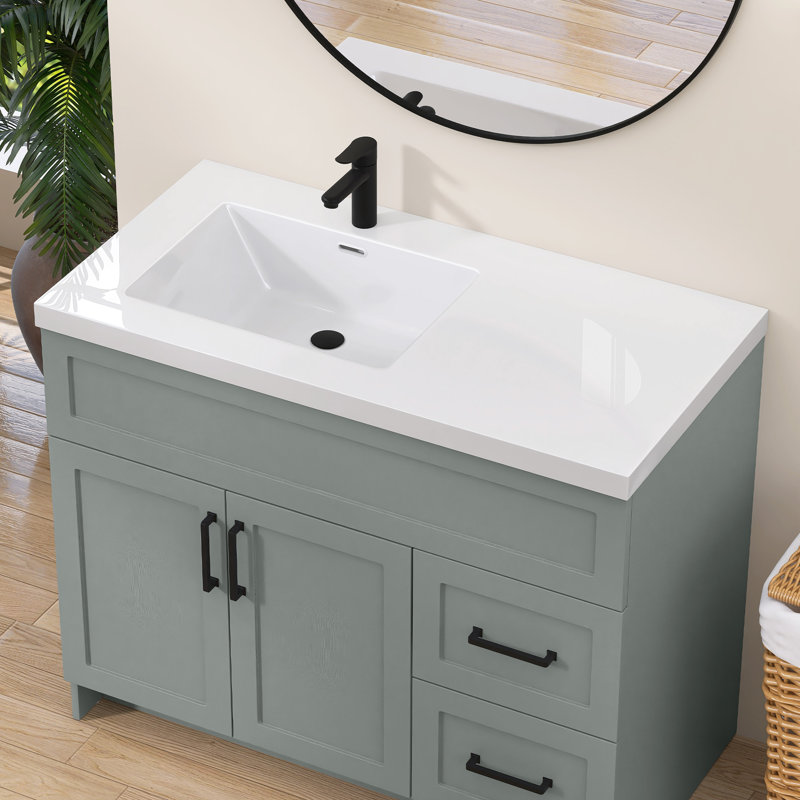 42 in. W x 22 in. D Solid Surface Stone Countertop One-Piece Rectangular Left Single Sink Vanity Top in White with Basin