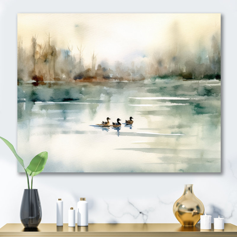 Ducks In Pond I On Canvas Print, No Frame, 16" H x 32" W, Wrapped Canvas