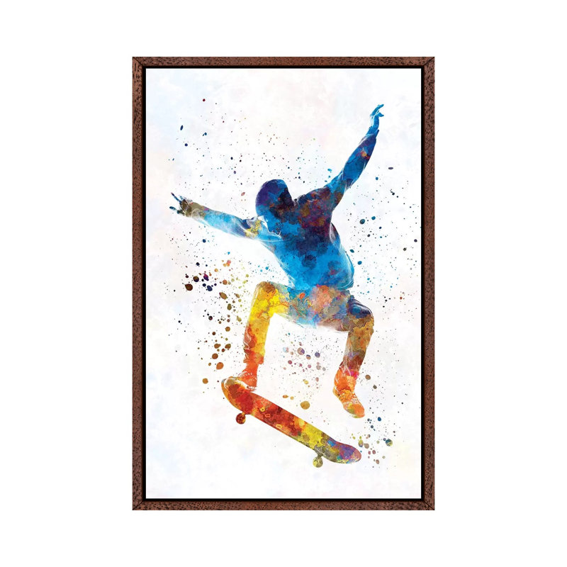 Skateboarder I by Paul Rommer - Painting on Canvas, Classic Brown Wood Framed, 66.04 cm H x 45.72 cm W