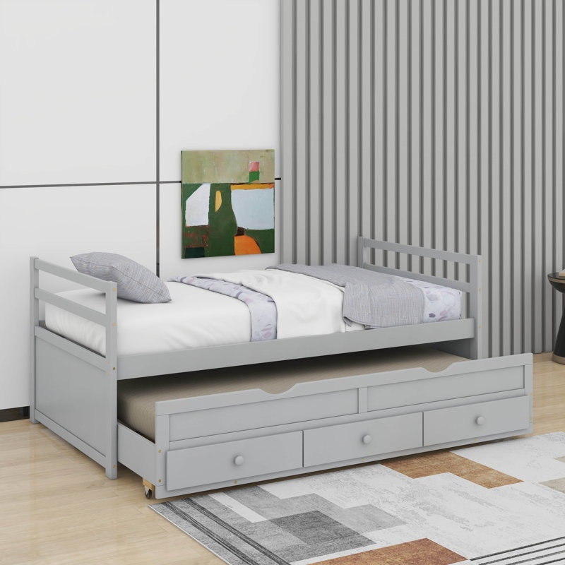 Twin Size Bed With Headboard, Footboard, Trundle And Three Storage Drawers, Gray
