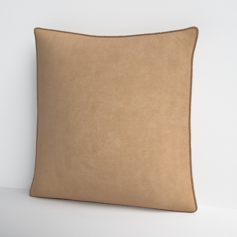 Tan Cotton Square Embroidered Throw Pillow with Fringed Edges