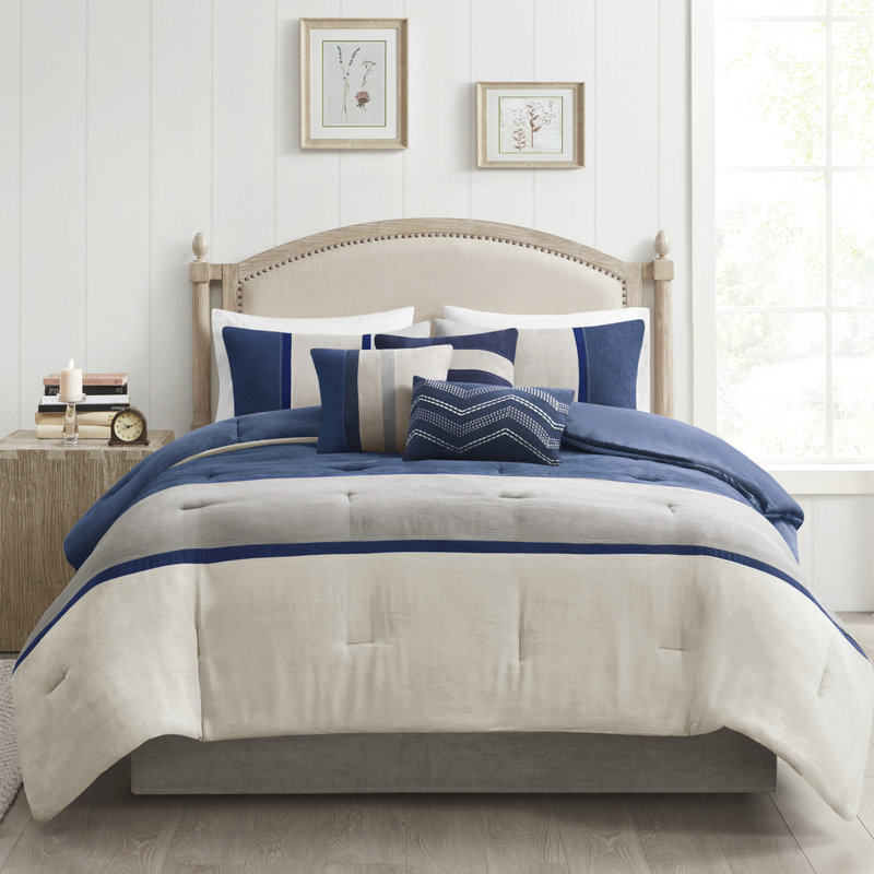 Édredon 7 pièces en faux suède bleu grand - lavable avec édredon, 2 taies décoratives, 3 coussins décoratifs, jupe de lit dans la machine