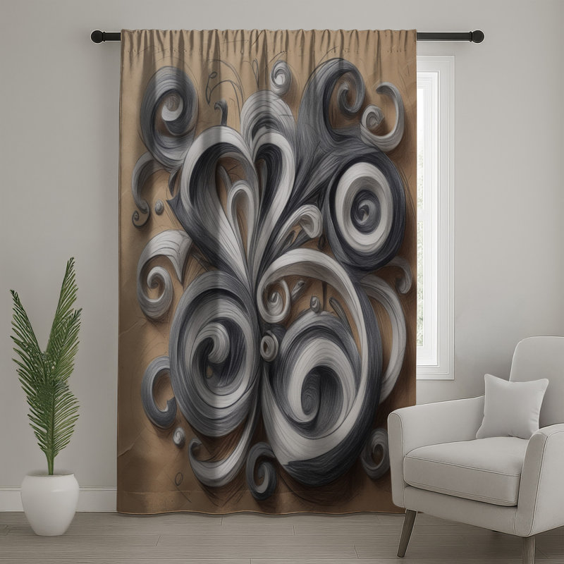 Rideaux tourbillonnants gris et blanc à volutes, Transparent, 50 po x 80 po - 1 panneau