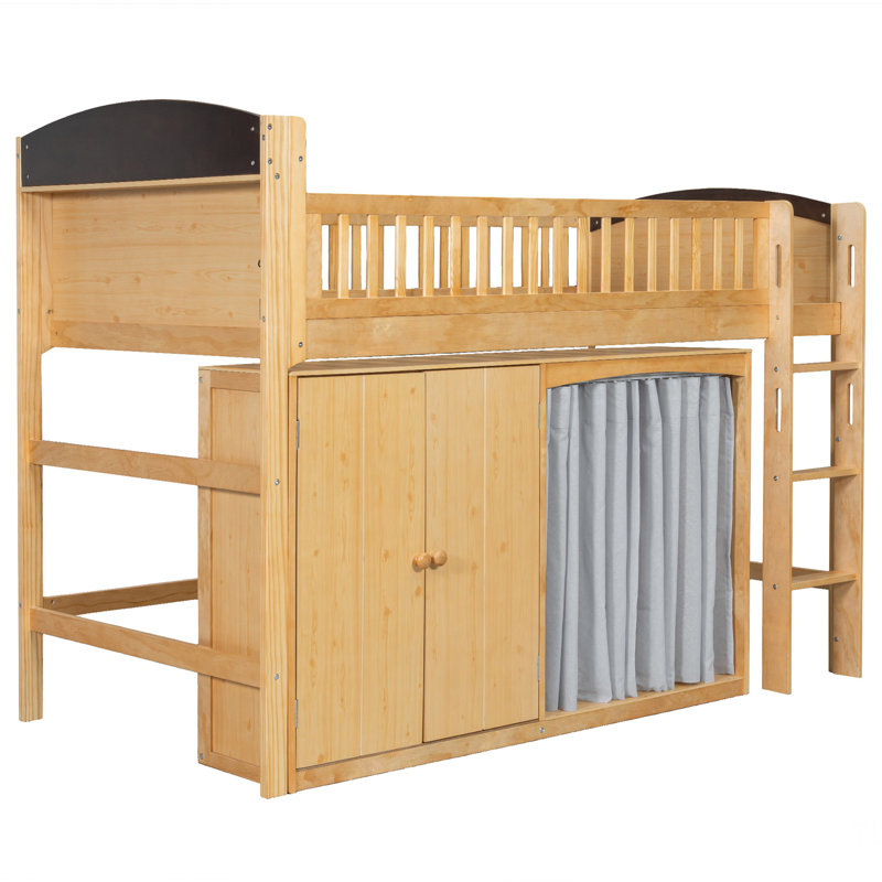 Lit mezzanine simple avec armoire de rangement, armoire et DEL, couleur bois et espresso, Lit simple, Bois