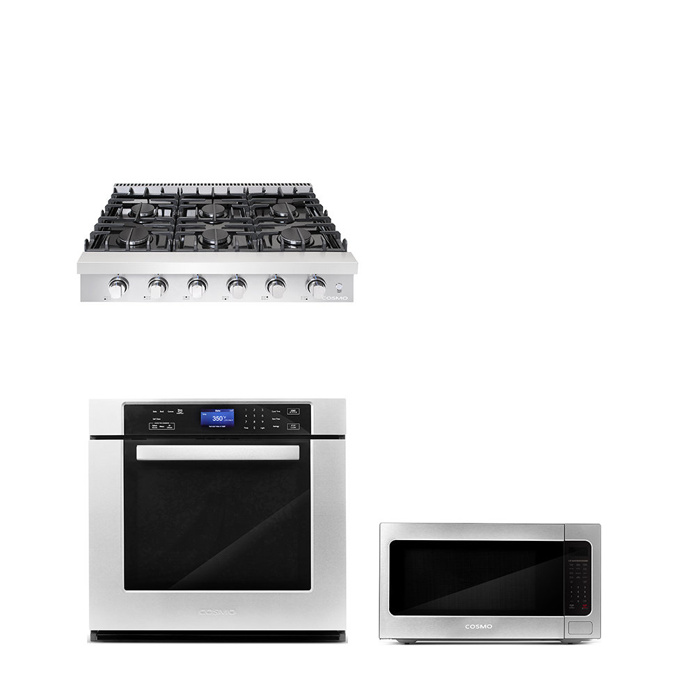 3 Piece Kitchen Package With 36" Slide-in Gas Cooktop 24.4" Built-in Countertop Microwave 30" Single Electric Wall Oven Cosmo