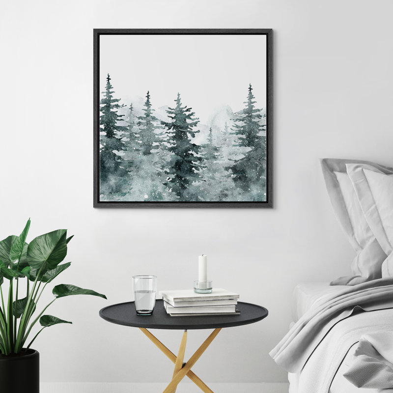 Hiver abstrait, pin, forêt, neige rustique, décoration de vacances rétro, impression sur toile encadrée, H 24 po x l 24 po