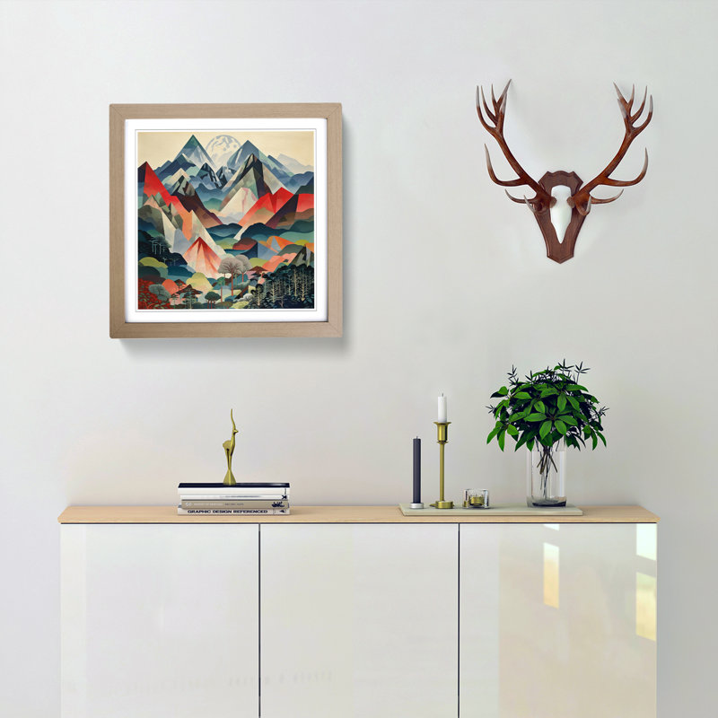 Japanese Mountains Constructivism No.1 - Single Picture Frame Print on Wood, Oak