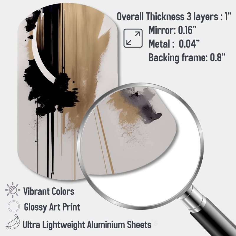 Soll Black, White And Gold Expression III - Abstract Cylinder Metal Wall Art, Modern Asymmetrical Metal Art Print