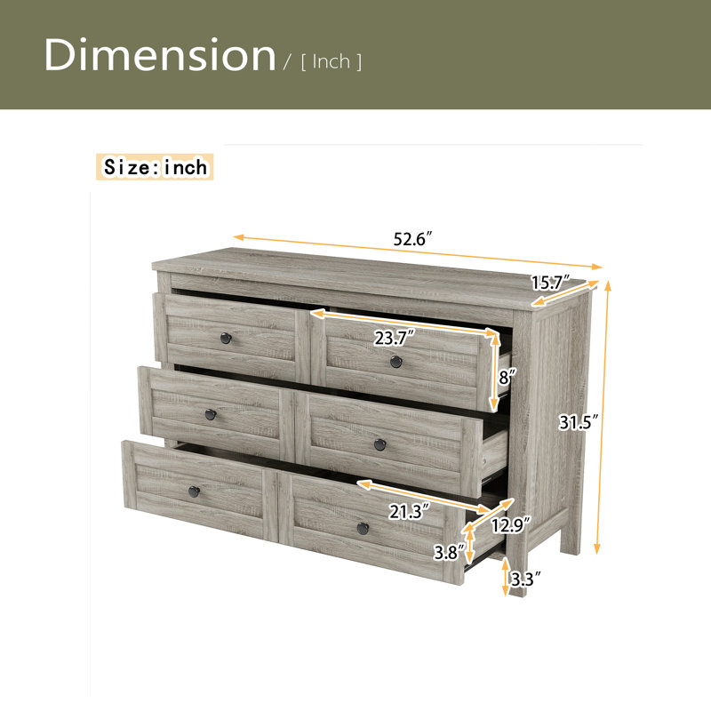 Commode en bois de style rétro avec 6 tiroirs, Gris antique