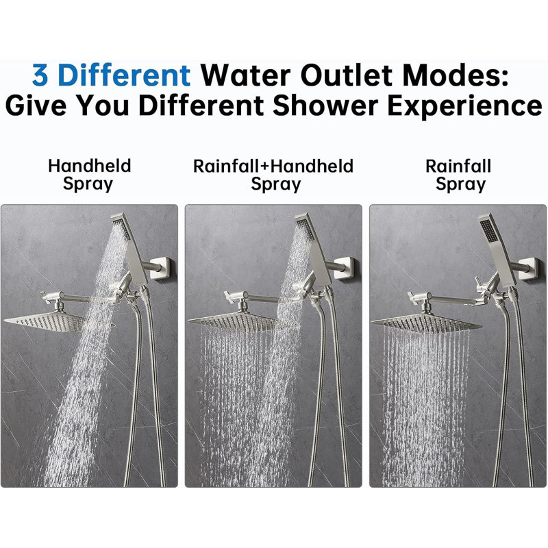 Brushed Nickel Dual Square Rain Shower Head with Handheld Wand