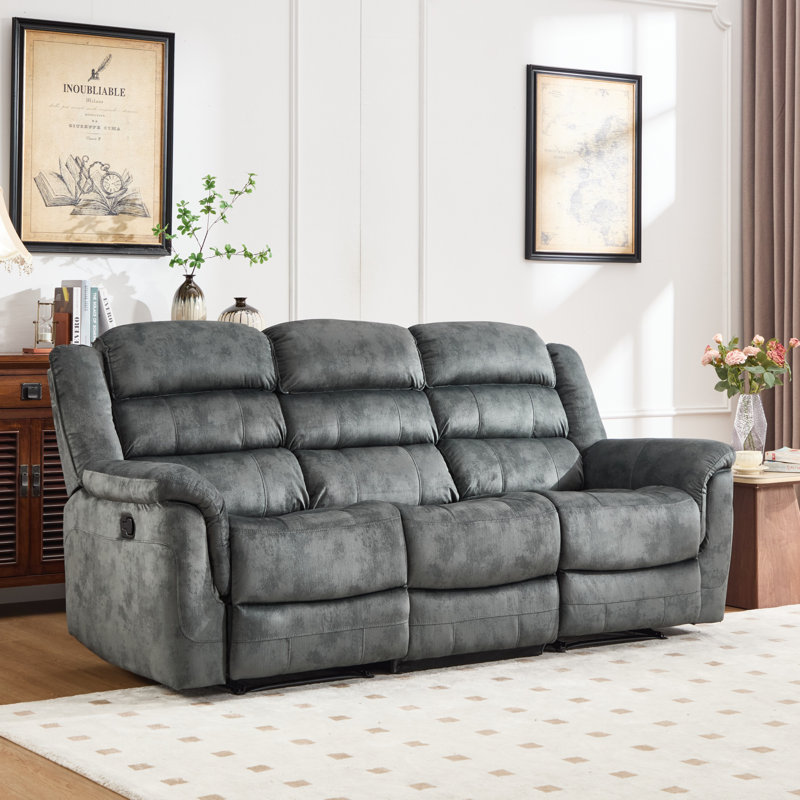 87" Wide Modern Skin-Friendly Microfiber Manual Reclining Sofa With Soft Seat, Gray