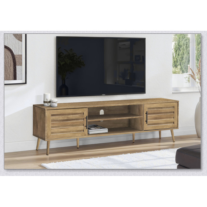 Meuble télé 72 po en noyer stratifié transitionnel avec rangement, parfait pour le divertissement multimédia et la décoration intérieure