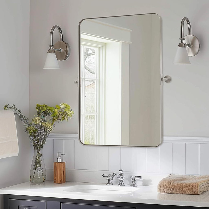 Contemporary Pivot Bathroom Vanity Mirror with Adjustable Tilt | Stainless Steel Frame, Brushed Nickel, 30" x 20"