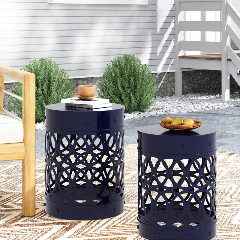 Iron Table - Outdoor, Navy Blue, 13.55"W X 16.00"H, Powder-Coated Outdoor Cut Design, Rustproof, Navy Blue