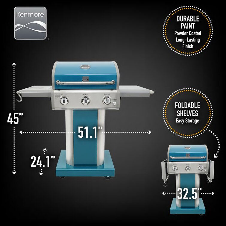 Kenmore 3 Burner Pedestal Grill with Foldable Side Shelves