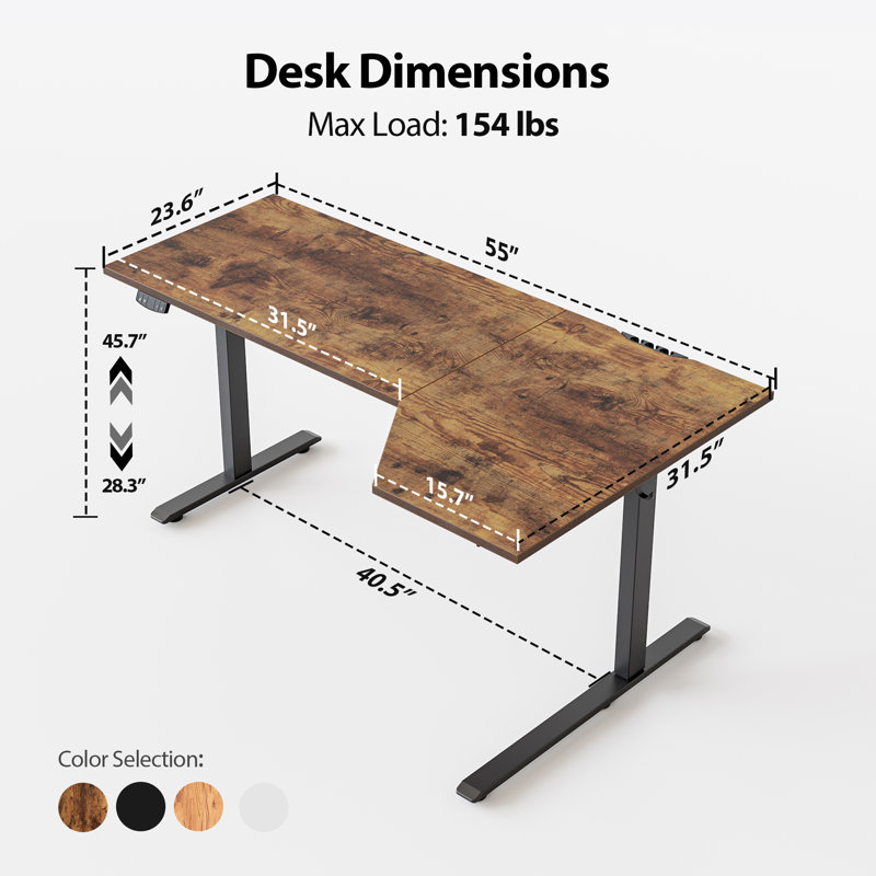Bureau debout électrique en forme de L de 55 pouces, bureau de coin assis-debout à hauteur ajustable, bureau d'ordinateur ergonomique pour bureau à domicile avec préréglages de mémoire et crochets pour postes de travail, brun rustique