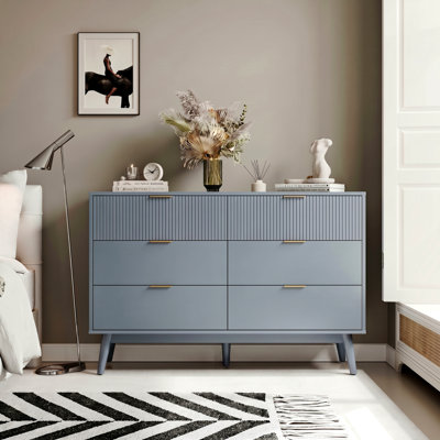 Natural Wood 6-Drawer Dresser - Striped Surface