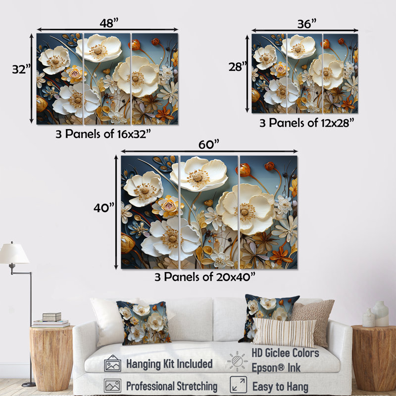 Ensemble de salon art floral jaune et gris coquelicots, H 40 po x l 60 po x P 1 po