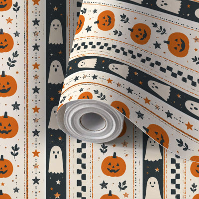 Rouleau de papier peint pelez et collez, rayé, orange, citrouilles, fantômes, étoiles, revêtement mural auto-adhésif imperméable pour salon, décoration murale, chambre à coucher, 17,7 po x 118 po (45 x 300 cm)