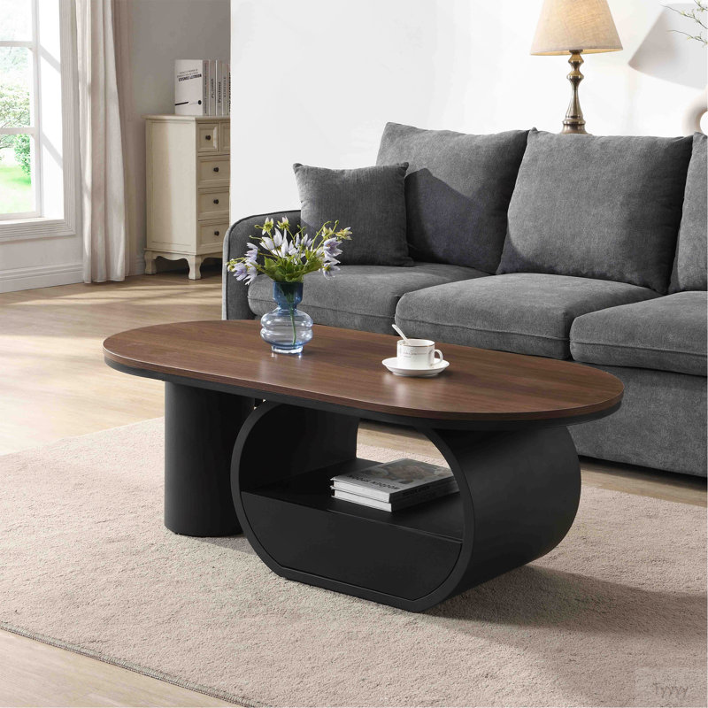 Table basse ovale de luxe industrielle, table basse de 47,24 po avec tiroir de rangement, centre de table en métal noir