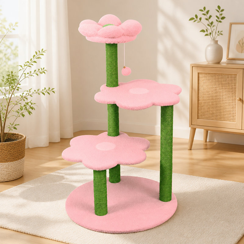 Multi-Level Flower Cat Tree with Scratching Posts and Interactive Hanging Toys
