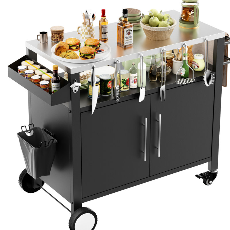 Table de barbecue extérieure noire avec rangement pour les sauces et plateau à couches mobile