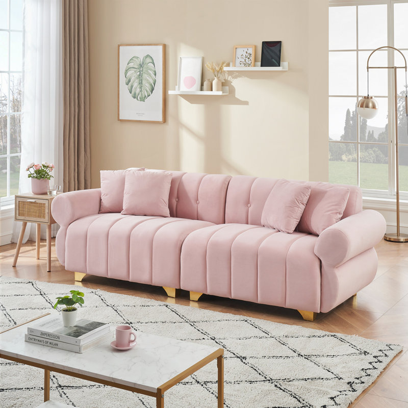" modern 3-seater flannelette sofa | spring-wrapped cushions | stylish metal feet | 4 throw pillows | living room & bedroom