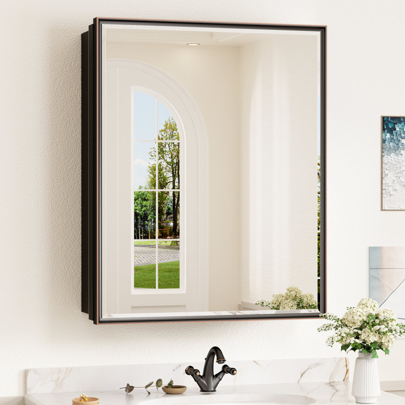 Cyrille Recessed & Surface Framed Medicine Cabinet with Mirror and Shelves, 30" H x 24" W x 5.2" D, Oil Rubbed Bronze