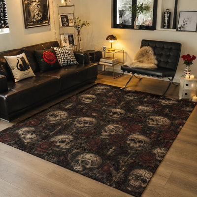 1 pièce de conception de crâne gothique rose - moelleux, moelleux, imprimé en tissu doux, lavable et facile à nettoyer, grand tapis mince, envers antidérapant, adapté au salon, à la chambre à coucher, à la cuisine, au bureau et à l'intérieur pour la maison