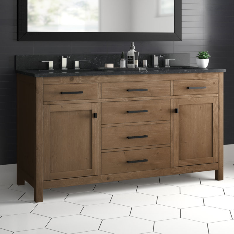 Meuble-lavabo double 60 po Ajiya, Calcaire bleu, Naturel texturé / noir mat
