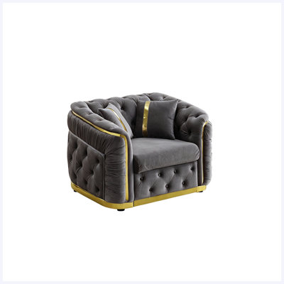 Fauteuil Chesterfield 1 place capitonné en velours, style moderne du milieu du siècle, 103 cm (40,6 po), avec décorations en acier inoxydable et 2 coussins, couleur anthracite.