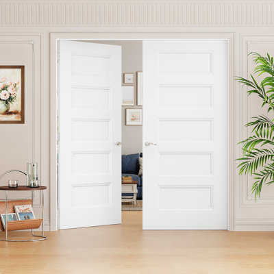 Interior 5-Panel Hollow Core French Doors, Includes Satin Nickel Hardware-Privacy Door Lever with Lock, Latch & Hinges, Pre‑Finished & Waterproof, Pantry, Bedroom, Bathroom & Closet, Easy DIY Stain, 72"x 80"