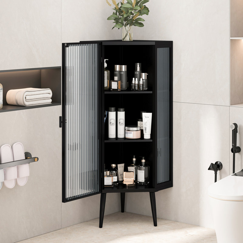 22.25" Floor Coner Cabinet With Tempered Glass Door & Storage Shelves For Bathroom, Living Room, Bedroom, White