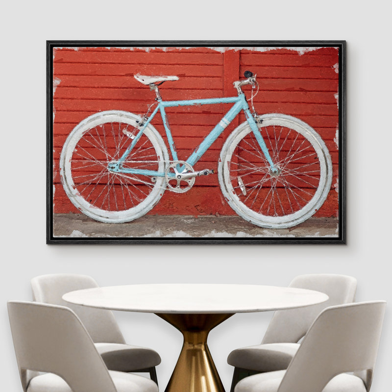 Vélo de route garé par le bois rouge - peinture sur toile à cadre flottant, H 24 po x l 36 po x P 1,5 po, Cadre noir