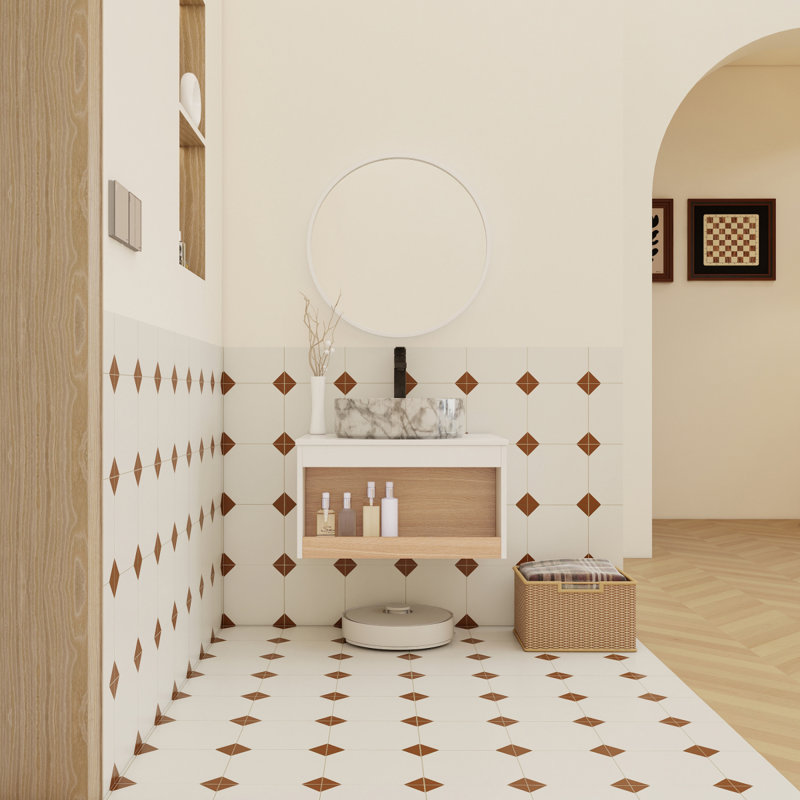 Meuble-lavabo flottant 24 po avec lavabo vasque en marbre veiné gris, meuble-lavabo mural avec tablette ouverte, finition blanche avec décor en bois, conception moderne peu encombrante (livré dans 2 boîtes)