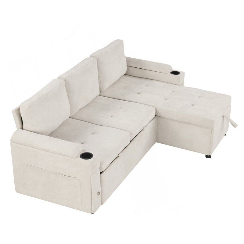 83.5" L-Shaped Sofa Couch Convertible Sofa Bed Sectional Sofa With Ample Storage Space, Two Cup Holders And Two USB Ports For Living Room, Beige