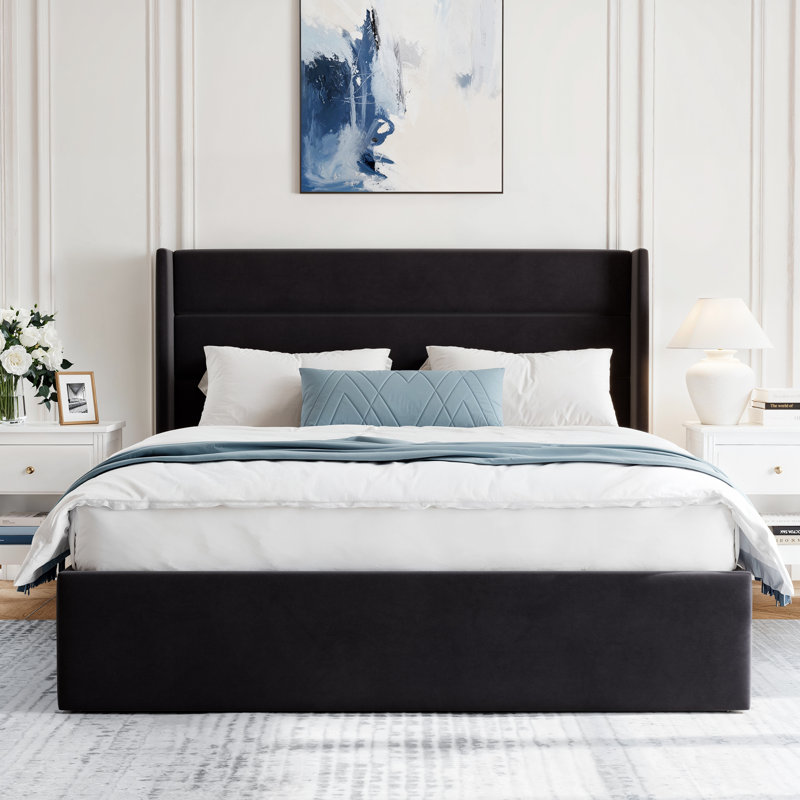 Structure de lit plateforme tapissier avec rangement relevable, Noir, Lit double