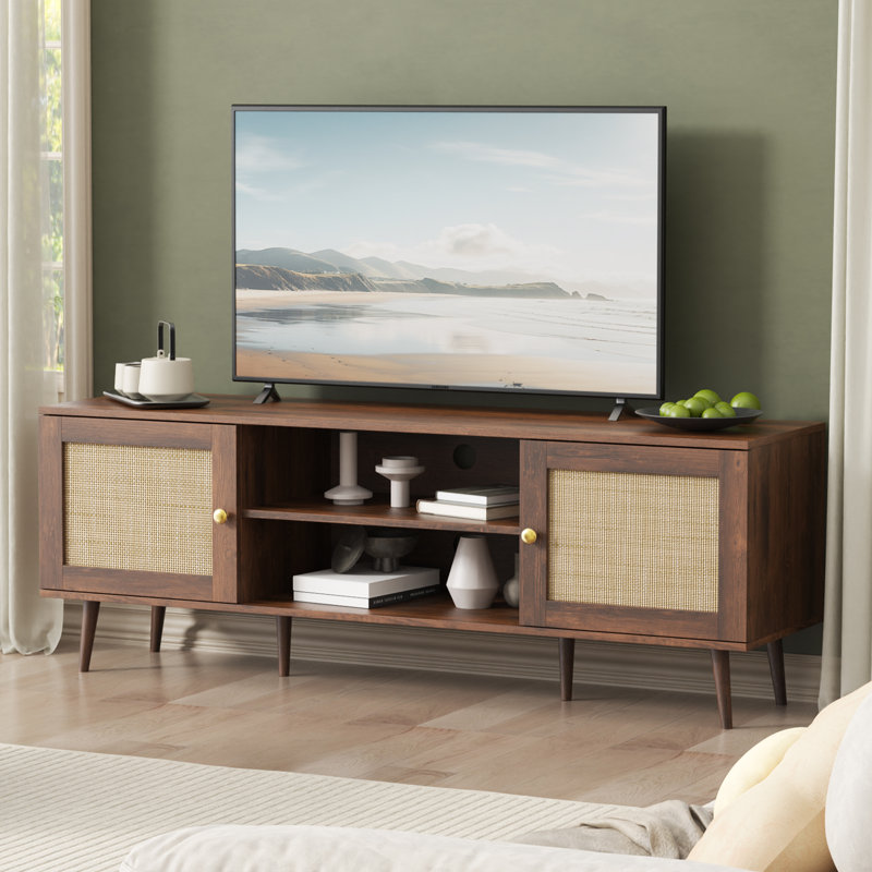 TV Stand For 55/65/70 Inch TV, Boho 59" Entertainment Center With Storage, Modern Mid Century Media Console With Rattan Doors And Adjustable Shelf, Wood TV Stand For Living Room