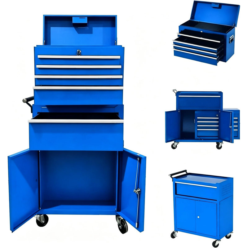 2-in-1 Detachable Rolling Tool Chest - 5-Drawer Metal Cabinet with Lockable Storage, Sliding Drawers & Liners, for Garage, Workshop, Warehouse (Blue)