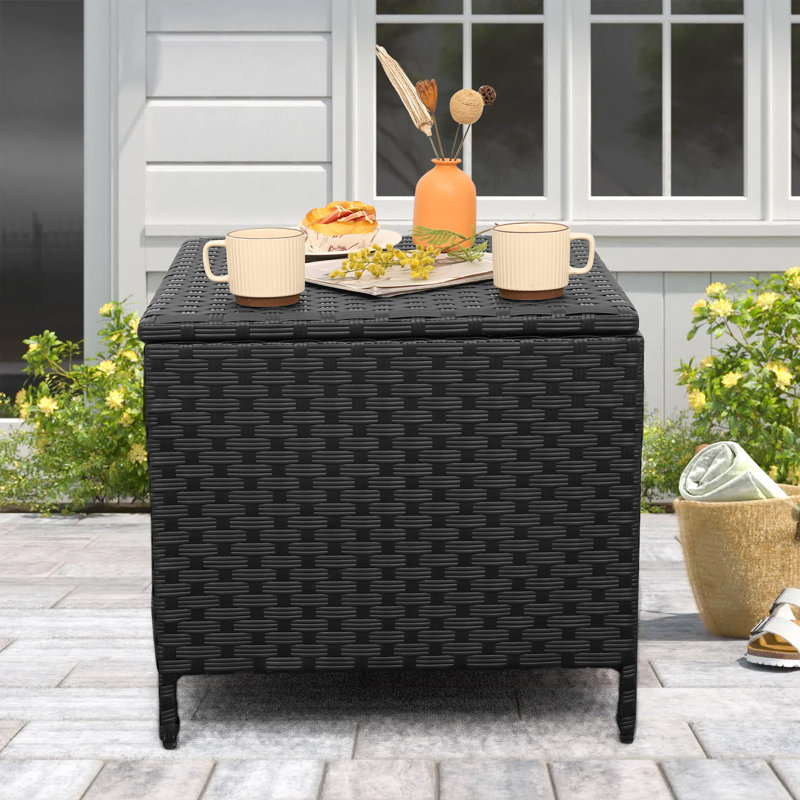 Outdoor Wicker Side Table Patio Coffee Table with Storage End Square Table, Black