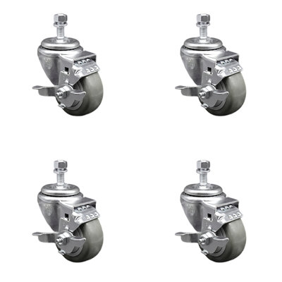 3 Inch SS Polyurethane Wheel Swivel ½ Inch Threaded Stem Caster Set Brake