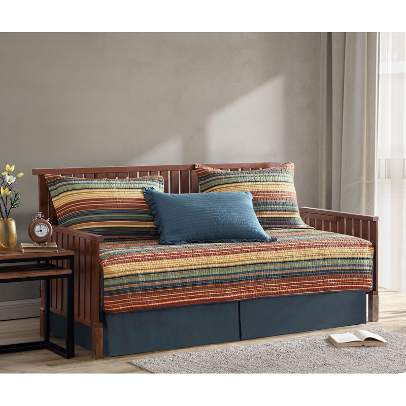 Avery Striped Pre-Washed Cotton Quilt Set, Daybed Quilt + 3 Standard Shams, Red/Yellow/Dark Blue