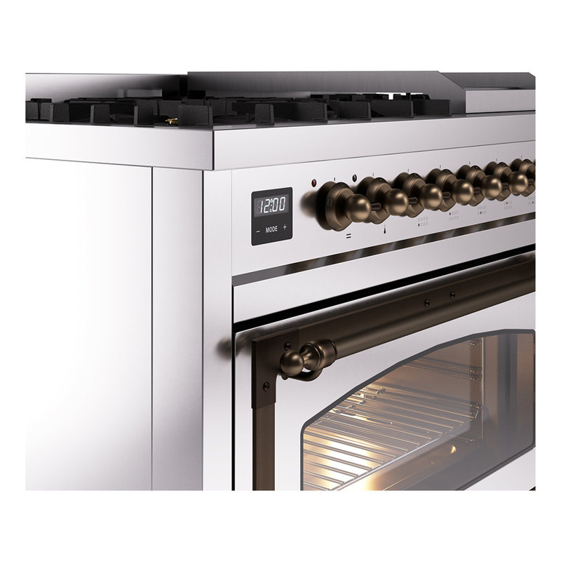 ILVE UN48FNMPEGG Nostalgie II Noblesse 48 inch Dual Fuel Range (8 Sealed Burners + Griddle, Triple Glass Door), Burnished