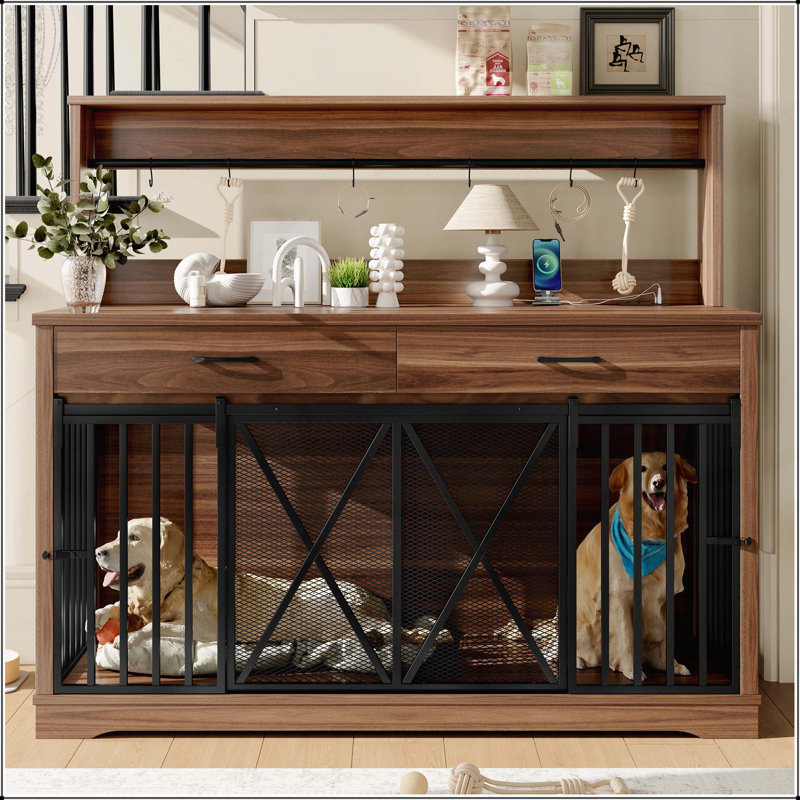 Meuble de rangement pour chien de 55,1 pouces pour grands ou 2 chiens moyens, robuste avec 2 tiroirs et tablettes de rangement, meuble télé, table de bout, verrous de séparation, brun