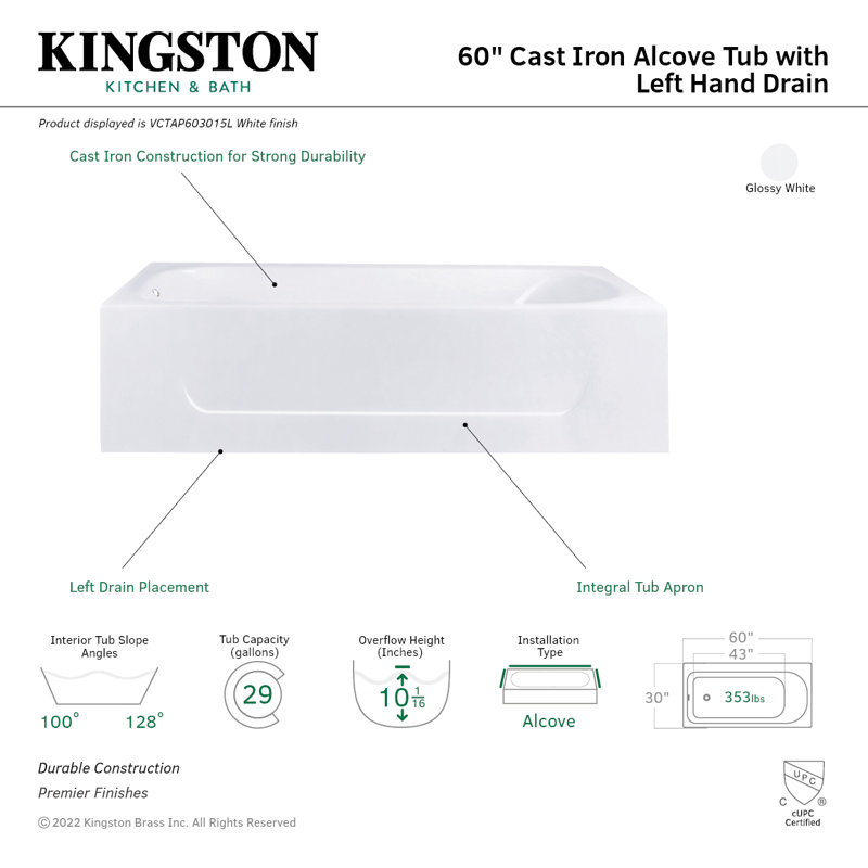 Kingston Brass Aqua Eden 60-Inch Cast Iron Rectangular 3-Wall Alcove Tub, Drain Hole, Left