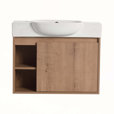 26'' Wall-Mounted Bathroom Vanity with White Ceramic Sink & Soft-Close Door, Ideal for Modern and Space-Efficient Bathrooms