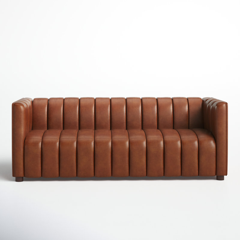 Anorea 83'' Genuine Leather Channel Tufted Sofa, Brown Top Grain Leather